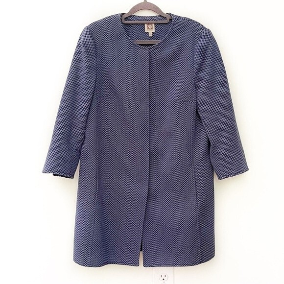 ANNE KLEIN MID-LENGTH BLUE HOUNDSTOOTH COAT WOMENS SIZE 10 - Picture 1 of 11
